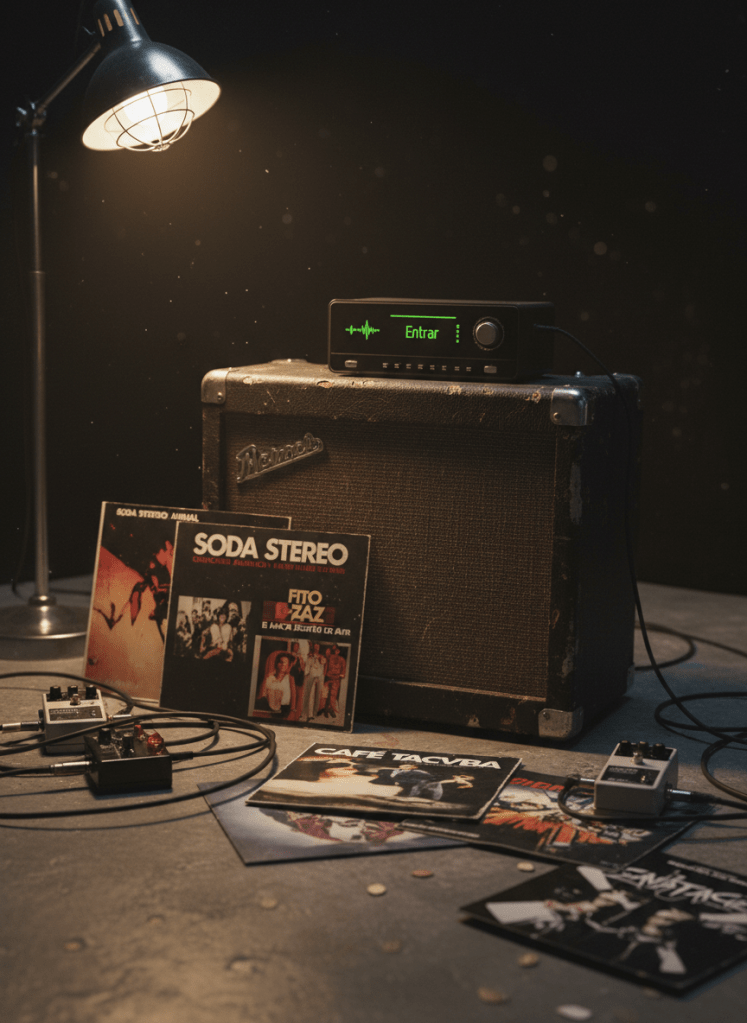 Un viejo amplificador de guitarra de válvulas, con carcasa de cuero negro desgastado y esquinas metálicas golpeadas, descansa en el suelo de un pequeño estudio de radio. Encima, una radio digital moderna muestra en su pantalla verde fosforescente la palabra "Entrar" junto a una onda de frecuencia FM. Cables gruesos enredados, pedales de distorsión y carátulas de discos de rock latino se esparcen alrededor sobre un piso de concreto pulido. La escena está iluminada por una luz lateral cálida y tenue, como de lámpara industrial, que resalta texturas, arañazos y polvo. Fotografía en estilo realista, ángulo ligeramente bajo, composición en regla de tercios, con fondo oscuro casi negro que se pierde en sombras profundas, transmitiendo un ambiente crudo, urbano y auténticamente rockero.