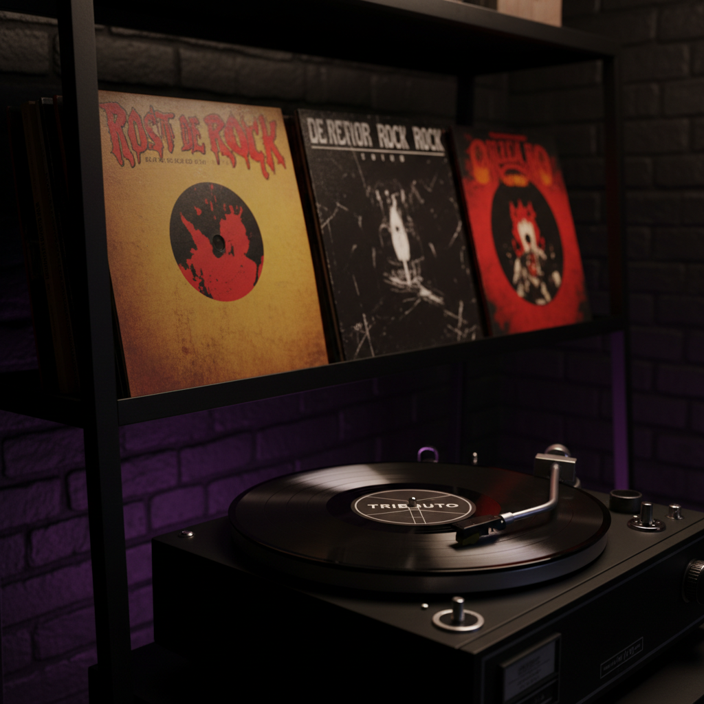 Una estantería metálica oscura sostiene una fila de vinilos de rock en español, sus lomos mostrando tipografías agresivas y colores intensos: rojos sangre, amarillos envejecidos, negros profundos. Al frente, un antiguo reproductor de vinilos negro con detalles cromados gira lentamente un disco, cuyo label central muestra un diseño minimalista con la palabra "Tributo" en letras blancas. La habitación es una cabina de radio con paredes de ladrillo visto ennegrecido y luces de neón morado reflejándose en la superficie brillante del disco. Fotografía en realismo detallado, tomada desde un ángulo ligeramente elevado, con foco en la aguja apoyada en el surco, mientras el fondo se difumina en sombras. La atmósfera es oscura, cálida y envolvente, evocando pasión por el rock clásico y latino.